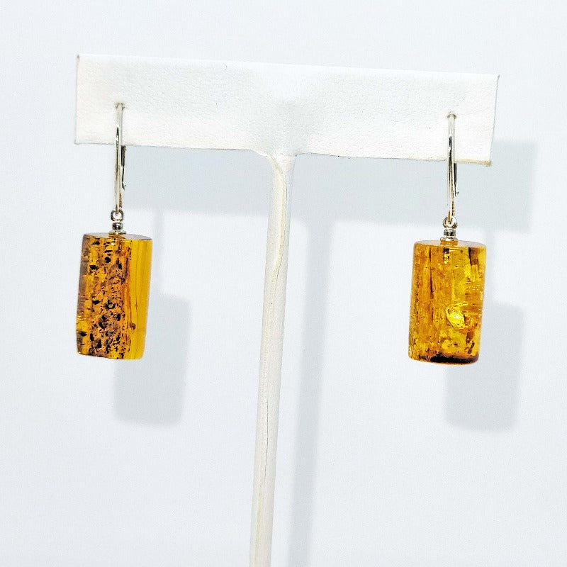 Cognac Baltic Amber Cylinder Leverback Earrings