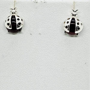 Silver Baltic Amber Lady Bug Earrings